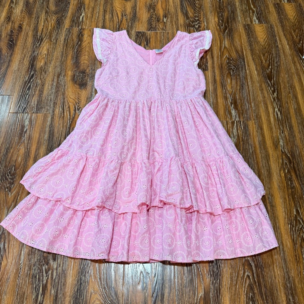 Simply Shabby Chic Pink Eyelet Tiered Ruffle Dress Women Size L V-Neck Flutter